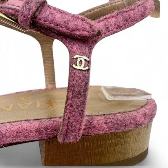 Authentic CHANEL Dusty Pink Tweed CC Logo Camellia Flower Sandals Size E… - Picture 10 of 14